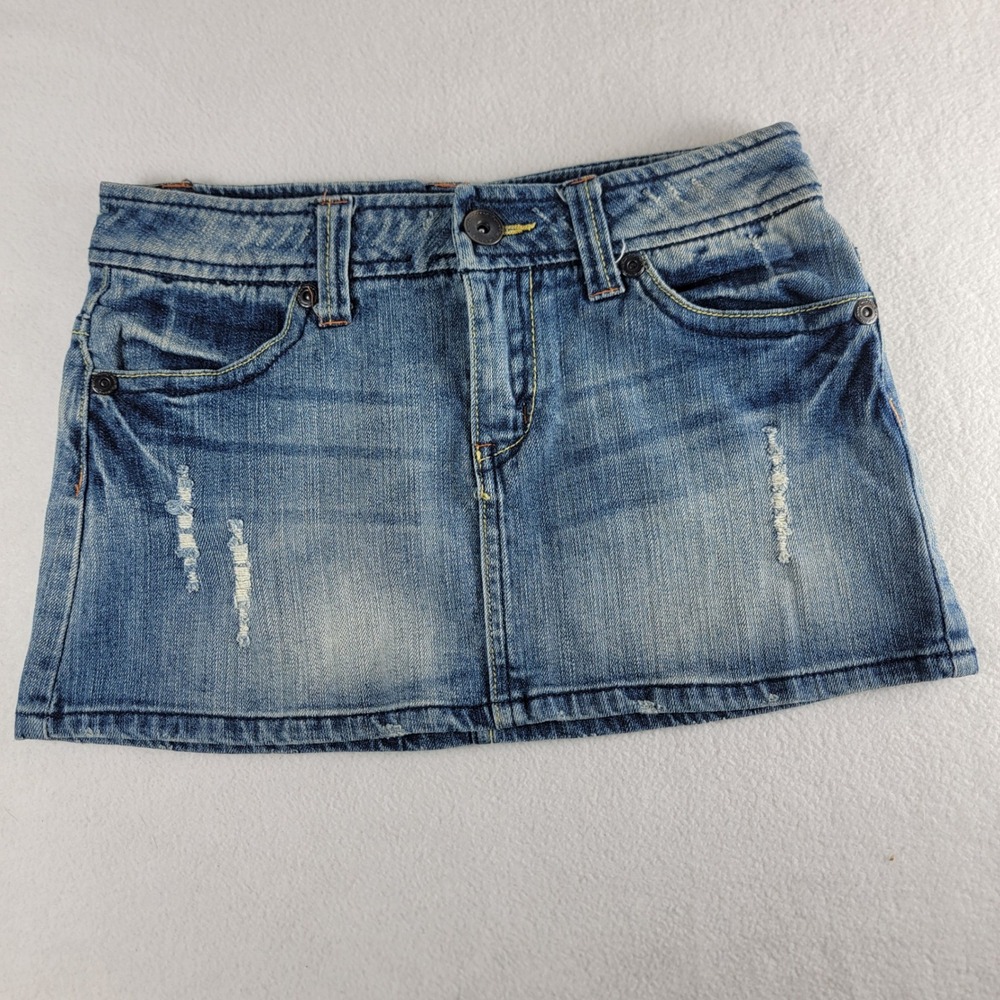 Y2K Micro Mini Denim Jean Skirt Juniors‎ 3 Distressed Festival Low Rise 28x10.5
